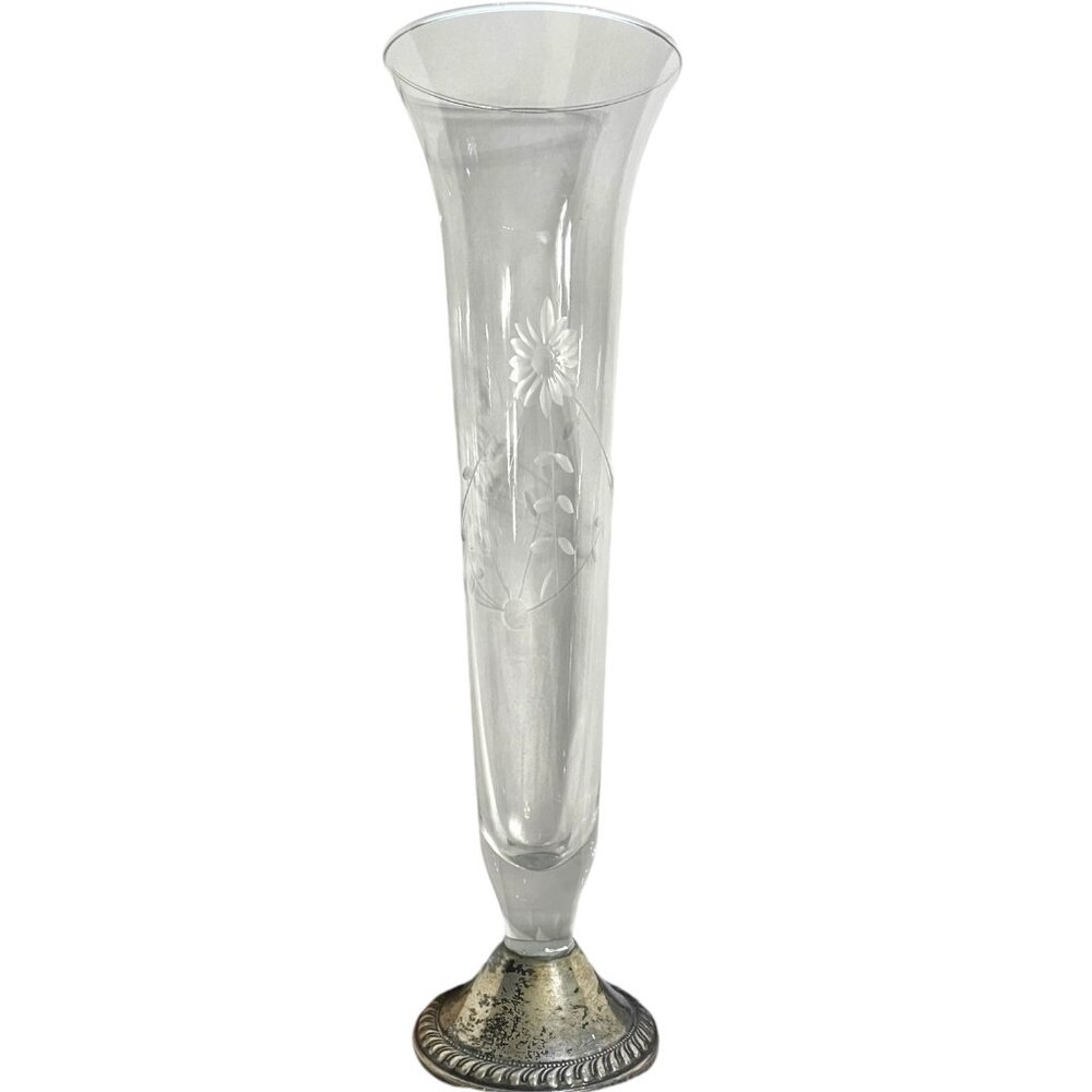 Vintage‎ Glass Bud Vase - Duchin Cr. - Weighted Stg. Silver - Flower Etch - 9.5"